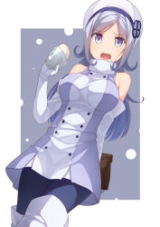 Rule 34 | 10s, 1girl, aila jyrkiainen, bag, baozi, bare shoulders, blue eyes, boots, breasts, elbow gloves, food, fur trim, gloves, gundam, gundam build fighters, hat, large breasts, long hair, looking at viewer, open mouth, pantyhose, paper bag, silver hair, siva (executor), solo, thigh boots, thighhighs