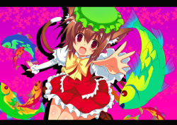 Rule 34 | 1girl, :d, animal ears, blush, bow, brown hair, cat ears, cat girl, cat tail, chen, fangs, female focus, fish, frills, hat, jumping, kurokawa izumi, letterboxed, miniskirt, multiple tails, open mouth, outstretched hand, red eyes, short hair, skirt, smile, solo, star (symbol), tail, touhou