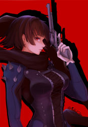 Rule 34 | 1girl, absurdres, black hair, blunt bangs, braid, breasts, cross-laced clothes, from side, gloves, gun, handgun, highres, holding, holding gun, holding weapon, medium breasts, medium hair, moddedjoker, parted lips, persona, persona 5, pistol, red background, red eyes, shoulder spikes, silhouette, solo, spikes, trigger discipline, twitter username, upper body, weapon, white gloves
