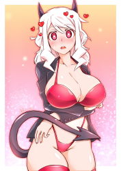 Rule 34 | 1girl, bikini, black jacket, breast hold, breasts, cigar cat, cleavage, collarbone, covered erect nipples, crossed arms, demon girl, demon tail, drooling, fingernails, hair between eyes, heart, heart-shaped pupils, helltaker, highres, horns, jacket, large breasts, looking at viewer, modeus (helltaker), nail polish, open clothes, open mouth, parted lips, red bikini, red eyes, red thighhighs, solo, swimsuit, symbol-shaped pupils, tail, teeth, thighhighs, white hair