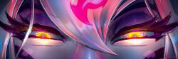 Rule 34 | 1girl, absurdres, artist name, close-up, evelynn (league of legends), eye focus, eyeliner, glowing, glowing eyes, highres, league of legends, long eyelashes, looking at viewer, makeup, pale skin, phtharticpaul, straight-on, twitter username, white hair, yellow eyes