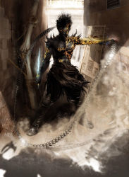 Rule 34 | 1boy, boots, dark persona, fighting stance, glowing, glowing eyes, knife, male focus, prince (sands of time), prince of persia, sand, solo, standing, ubisoft, weapon