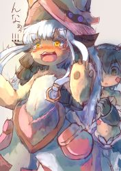 Rule 34 | !, !!, 1boy, 1girl, :3, :o, animal ears, blunt bangs, blush, d:, ears through headwear, facial mark, furry, hat, highres, horizontal pupils, horns, long hair, made in abyss, mechanical arms, nanachi (made in abyss), navel, nose blush, open mouth, parted lips, regu (made in abyss), riasgomibako, single mechanical arm, standing, tail, tail grab, topless, topless male, whiskers, white hair, wide-eyed, yellow eyes