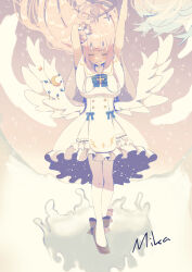 Rule 34 | 1girl, arms up, black bow, blue archive, blue bow, blue bowtie, blush, bow, bowtie, buttons, capelet, character name, closed eyes, closed mouth, cloud, commentary request, culotte (hosenrock), dress, facing viewer, feathered wings, floating hair, flower, footwear bow, frilled dress, frills, full body, gradient sky, hair bun, hair flower, hair ornament, hair ribbon, halo, highres, long hair, low wings, mika (blue archive), pink hair, pink sky, print dress, ribbon, single side bun, sky, sleeveless, sleeveless dress, smile, solo, sparkle, starry sky print, straight-on, underbust, very long hair, white capelet, white dress, white ribbon, white wings, wing ornament, wings