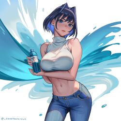 Rule 34 | 1girl, abs, ad, arm under breasts, artist name, bare shoulders, blue eyes, blue hair, blue pants, blush, bob cut, bottle, breasts, closed mouth, colored inner hair, commentary, contrapposto, crop top, denim, drink, english commentary, eyelashes, groin, hair intakes, highres, holding, holding bottle, holding drink, hololive, hololive english, jeans, large breasts, lips, looking at viewer, midriff, multicolored hair, navel, nose blush, ouro kronii, pants, pink lips, purple hair, seventeencrows, shirt, short hair, signature, sleeveless, sleeveless turtleneck, solo, splashing, standing, toned, turning head, turtleneck, twitter username, virtual youtuber, water bottle, water drop, white background, white shirt