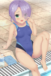 Rule 34 | 1girl, absurdres, barefoot, blue one-piece swimsuit, bottle, breasts, cafe stella to shinigami no chou, colored eyelashes, commentary request, competition swimsuit, eyes visible through hair, green eyes, hair over one eye, highres, hiuchidani mei, looking at viewer, one-piece swimsuit, open mouth, poolside, purple hair, short hair, sitting, small breasts, solo, swimsuit, yappe