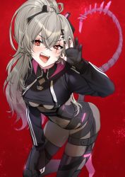 Rule 34 | 1girl, ahoge, black bodysuit, black nails, blush, bodysuit, breasts, claws, covered navel, fangs, from above, gloves, hair ornament, hairclip, headgear, highres, indie virtual youtuber, long hair, long sleeves, looking at viewer, medium breasts, nail polish, open mouth, partially fingerless gloves, ponytail, red background, red eyes, saruei (vtuber), scar, silver hair, simple background, solo, tail, tongue, tongue out, uhhgaoh, virtual youtuber, white background