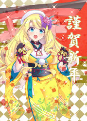 Rule 34 | 1girl, :o, argyle, argyle background, argyle clothes, bell, black gloves, blonde hair, blue eyes, bow, breasts, cleavage, ennishi, flower, flower knight girl, glint, gloves, hair bow, hair flower, hair ornament, holding, holding bell, japanese clothes, kimono, long hair, medium breasts, obi, purple bow, red ribbon, ribbon, sandersonia (flower knight girl), sash, solo, standing, torii, wide sleeves, yellow kimono