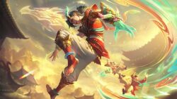 Rule 34 | 2boys, black hair, dragon, dragon horns, earrings, eastern dragon, ezreal, floating, full body, hair between eyes, heavenscale ezreal, highres, horns, house, jewelry, league of legends, long hair, looking at viewer, mountain, multiple boys, official alternate costume, official alternate hairstyle, official art, outdoors, pants, pointy ears, ponytail, sky, smile, soles, solo focus, toes, white pants, yellow eyes