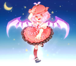 Rule 34 | 1girl, :d, alternate eye color, crescent moon, dress, female focus, frilled dress, frilled sleeves, frills, hand on headwear, hat, kneehighs, long sleeves, moon, mystia lorelei, open mouth, petticoat, pink hair, puffy sleeves, running, sleeves past wrists, smile, socks, solo, star (sky), star (symbol), touhou, wings, yellow eyes, yousei-sugar