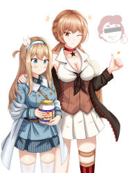 Rule 34 | 2girls, absurdres, belt, black jacket, black neckwear, blonde hair, blue eyes, blue jacket, blush, braid, breasts, brown corset, brown eyes, choker, cleavage, closed mouth, clothes pull, collarbone, commentary, commentary request, corset, dress, fingernails, girls&#039; frontline, gongbangmanchi (daisy cutter), hair ribbon, hairband, hand on another&#039;s shoulder, highres, holding, jacket, jacket pull, long hair, looking at viewer, looking down, mayonnaise, medium breasts, multiple girls, necktie, one eye closed, ots-14 (girls&#039; frontline), red choker, red ribbon, ribbon, skirt, standing, star (symbol), star choker, striped clothes, striped skirt, suomi (girls&#039; frontline), thighhighs, white background, white dress, white legwear