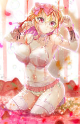 Rule 34 | 1girl, armpits, blonde hair, blush, breasts, cafe-chan to break time, cafe (cafe-chan to break time), cleavage, collarbone, commentary request, garter straps, hair between eyes, highres, large breasts, lingerie, long hair, looking at another, looking at viewer, multicolored hair, navel, original, panties, pink hair, porurin (do-desho), red eyes, side-tie panties, solo, thighhighs, two-tone hair, underwear, underwear only, white panties, white thighhighs