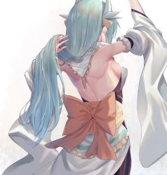 Rule 34 | 1girl, arms up, bare back, bare shoulders, bow, breasts, commentary request, dragon girl, dragon horns, fate/grand order, fate (series), frills, from behind, gradient background, holding, holding own hair, horns, japanese clothes, kimono, kiyohime (fate), large bow, long hair, medium breasts, obi, orange bow, oukawa yuu, sash, sideboob, simple background, solo, very long hair, white background, white sleeves, wide sleeves