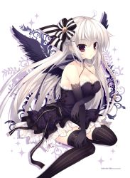 Rule 34 | 1girl, absurdres, arm grab, black gloves, black thighhighs, black wings, blush, bow, breasts, choker, cleavage, collarbone, dress, elbow gloves, full body, gloves, grey hair, hair bow, highres, large breasts, mitha, purple eyes, sitting, solo, strapless, striped clothes, striped thighhighs, thighhighs, transparent background, vertical-striped clothes, vertical-striped thighhighs, wings, yokozuwari, zettai ryouiki