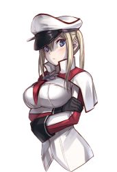 Rule 34 | 1girl, black gloves, blonde hair, blue eyes, blush, breasts, capelet, closed mouth, commentary request, cropped torso, crossed arms, fumikiri, gloves, graf zeppelin (kancolle), hair between eyes, hat, kantai collection, large breasts, long hair, long sleeves, military, military hat, military uniform, necktie, one-hour drawing challenge, peaked cap, quad tails, red necktie, simple background, solo, twintails, uniform, upper body, white background