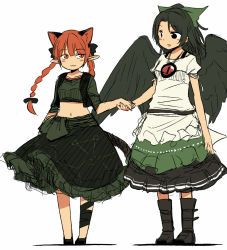 Rule 34 | 2girls, :3, adapted costume, animal ears, bird wings, black bra, black eyes, black wings, boots, bow, bra, bra strap, braid, cat ears, cat tail, extra ears, hair bow, holding hands, kaenbyou rin, leg ribbon, looking at another, midriff, multiple girls, navel, open clothes, open mouth, open vest, pointy ears, red eyes, red hair, reiuji utsuho, ribbon, shirt, short sleeves, simple background, skirt, skirt set, smile, tail, third eye, touhou, twin braids, underwear, vest, white background, wings, yudepii
