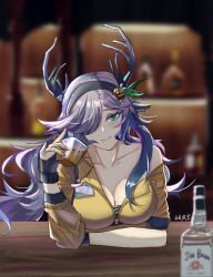 Rule 34 | 1girl, absurdres, alcohol, animal ears, arknights, black gloves, blurry, blurry background, breasts, cleavage, closed mouth, coldshot (arknights), collarbone, cup, deer ears, deer tail, fingerless gloves, gloves, green eyes, hair over one eye, highres, holding, holding cup, horns, indoors, large breasts, long hair, long sleeves, looking at viewer, off shoulder, purple hair, shirt, solo, tail, yellow shirt, yoruyuki2000