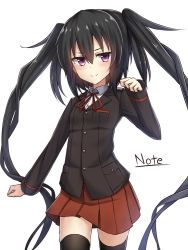 Rule 34 | 1girl, black hair, black thighhighs, blush, borrowed character, buttons, character name, commentary request, hair between eyes, long hair, long sleeves, looking at viewer, note-chan, original, pleated skirt, purple eyes, red skirt, simple background, skirt, smile, solo, thighhighs, twintails, very long hair, white background, yakob labo, zettai ryouiki