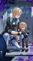 Rule 34 | 2boys, aged down, aqua shirt, aventurine (honkai: star rail), black footwear, black gloves, blonde hair, bracelet, cellphone, closed mouth, clothing cutout, collared shirt, fur trim, gloves, hair between eyes, highres, holding, holding phone, honkai: star rail, honkai (series), jewelry, kneeling, looking at phone, male focus, multicolored eyes, multiple boys, open mouth, pants, phone, potetwo 2, shadow, shirt, short hair, smartphone, standing, torn clothes, torn shirt, watch, white pants, wristwatch