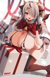Rule 34 | 1girl, animal ears, animal print, bikini, black gloves, black hair, black thighhighs, blurry, blurry background, box, breasts, capelet, christmas, cleavage, cow ears, cow girl, cow horns, cow print, cow tail, ear tag, fang, fingerless gloves, fur-trimmed capelet, fur trim, gift, gift box, gloves, grey hair, hair intakes, hair ornament, hair over one eye, hairclip, horns, huge breasts, kneeling, looking at viewer, marota, marota (character), mole, mole on breast, multicolored hair, nail polish, neck bell, open mouth, original, red capelet, red eyes, red footwear, red nails, shoes, side-tie bikini bottom, simple background, solo, streaked hair, swimsuit, tail, thighhighs, twitter username, virtual youtuber, white background