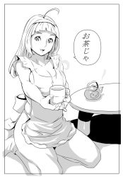 Rule 34 | 1girl, ahoge, breasts, cleavage, cup, female focus, greyscale, hairband, hero (do-belman), kneeling, large breasts, legs, long hair, monochrome, solo, tea, teapot, translation request, white background