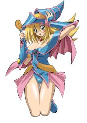 Rule 34 | 1girl, bare shoulders, blonde hair, blue dress, blush stickers, boots, breasts, capelet, cleavage, collar, dark magician girl, dress, duel monster, full body, green eyes, hand up, hat, highres, holding, large breasts, leotard, leotard under clothes, long hair, open mouth, pink capelet, shiny skin, short dress, simple background, solo, straw (yokubou hiroba), vambraces, wand, white background, wizard hat, yu-gi-oh!, yu-gi-oh! duel monsters
