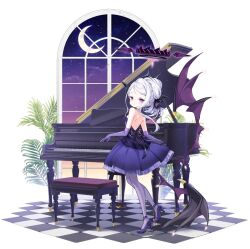 Rule 34 | 1girl, black horns, black wings, blue archive, blush, checkered floor, closed mouth, dangle earrings, demon horns, demon wings, dress, earrings, elbow gloves, full body, gloves, grand piano, halo, high heels, highres, hina (blue archive), hina (dress) (blue archive), horns, instrument, jewelry, juna, long hair, multiple horns, necklace, official alternate costume, official alternate hairstyle, pantyhose, piano, piano keys, purple dress, purple eyes, purple footwear, purple gloves, purple pantyhose, solo, strapless, strapless dress, white hair, wings