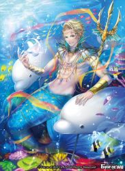 Rule 34 | 1boy, blonde hair, bracelet, bubble, circlet, copyright name, dolphin, fish, force of will, full body, green eyes, jewelry, male focus, matsurika youko, merman, monster boy, navel, necklace, official art, polearm, topless male, solo, sparkle, trident, underwater, water, weapon
