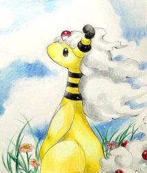 Rule 34 | ampharos, bad id, bad pixiv id, black eyes, blue sky, closed mouth, cloud, cloudy sky, colored pencil (medium), creature, creatures (company), day, flower, game freak, gen 2 pokemon, grass, looking away, marker (medium), mega ampharos, mega pokemon, nintendo, no humans, outdoors, pokemon, pokemon (creature), sky, solo, soma somari, standing, traditional media, white hair