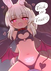 Rule 34 | 1girl, :d, animal ear fluff, animal ears, black gloves, blonde hair, blurry, blurry background, blush, commentary request, curtains, demon girl, demon horns, demon tail, demon wings, depth of field, elbow gloves, etrian odyssey, fang, gloves, half-closed eyes, heart, heart-shaped pupils, highres, horns, indoors, long hair, looking at viewer, low wings, masurao (sekaiju), masurao 2 (sekaiju), naga u, navel, open mouth, ponytail, pubic tattoo, rabbit ears, red wings, revealing clothes, sekaiju no meikyuu, sekaiju no meikyuu 5, short eyebrows, smile, solo, straddling, symbol-shaped pupils, tail, tattoo, thick eyebrows, trick or treat, very long hair, wings