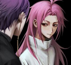 Rule 34 | 2boys, antenna hair, black background, black shirt, chinese commentary, closed mouth, commentary request, earrings, hatsutori hajime, highres, jewelry, long hair, male focus, multiple boys, parted bangs, pink hair, purple hair, red eyes, saibou shinkyoku, shirt, short hair, simple background, theodore riddle, white background, white shirt, xiaochun