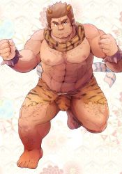 Rule 34 | 1boy, abs, animal print, bara, brown hair, bulge, chest hair, cross scar, facial hair, goatee, hairy, highres, houzouin oniwaka, large pectorals, long sideburns, male focus, mature male, muscular, muscular male, navel, navel hair, nipples, on one knee, pectorals, print loincloth, revealing clothes, scar, scar on face, scar on forehead, scarf, short hair, sideburns, smile, solo, stomach, thick eyebrows, thick thighs, thighs, tiger print, tokyo houkago summoners, topless male, yakiniku0141, yellow scarf