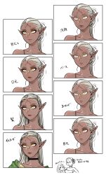Rule 34 | 2girls, bare shoulders, breasts, chibi, choker, cithis, cleavage, closed mouth, collarbone, dark-skinned female, dark skin, dungeon meshi, elf, eyelashes, eyeliner, eyeshadow, facial mark, fleki, forehead mark, grey hair, hair pulled back, hair tubes, highres, kui ryouko, lipstick, long hair, looking at another, makeup, mole, mole under eye, multiple girls, notched ear, partially colored, pointy ears, ponytail, portrait, progression, red lips, smile, strapless, translation request, updo, white background, yellow eyes