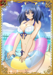 Rule 34 | 00s, 1girl, bashoku youjou, bikini, blue hair, breasts, card (medium), cleavage, curvy, female focus, hair ornament, ikkitousen, large breasts, looking at viewer, navel, purple eyes, shiny skin, short twintails, smile, solo, standing, swimsuit, twintails, water