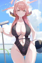 Rule 34 | 1girl, absurdres, aru (blue archive), bare arms, bare shoulders, black one-piece swimsuit, blue archive, blue sky, breasts, broom, brown hair, bucket, casual one-piece swimsuit, center opening, cleavage, closed mouth, cloud, collarbone, cowboy shot, day, gluteal fold, halo, hand on own hip, highleg, highleg swimsuit, highres, holding, holding broom, hose, large breasts, long hair, looking at viewer, navel, one-piece swimsuit, outdoors, pink hair, pool, ryeon (bluetom1), sky, smile, smug, solo, swimsuit, thigh gap, v-shaped eyebrows, very long hair