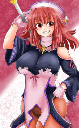 Rule 34 | 1girl, breasts, cross, gloves, h.a.n.z.o.u, hat, highres, la pucelle, large breasts, mole, mole under eye, pantyhose, pink hair, prier, red eyes, red hair, short hair, smile, solo, thighs