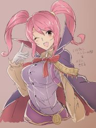 Rule 34 | 1girl, aiueo1234853, bad id, bad twitter id, bow, cape, cosplay, fire emblem, fire emblem awakening, fire emblem echoes: shadows of valentia, fire emblem heroes, gloves, henry (fire emblem), henry (fire emblem) (cosplay), highres, long hair, long sleeves, mae (fire emblem), nintendo, one eye closed, open mouth, pink hair, red bow, red eyes, solo, twintails, white gloves