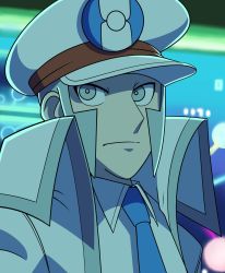 Rule 34 | 1boy, blue necktie, coat, collared shirt, commentary, creatures (company), dress shirt, emmet (pokemon), game freak, grey eyes, grey hair, hat, high collar, highres, long sideburns, looking to the side, male focus, necktie, nintendo, peaked cap, pokemon, pokemon bw, rei (esprei96), shirt, short hair, sideburns, solo, trench coat, upper body, white coat, white hat, white shirt
