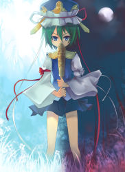 Rule 34 | 1girl, blue eyes, female focus, fred04142, green hair, hat, nature, outdoors, rod of remorse, shiki eiki, short hair, sky, solo, touhou