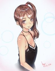 Rule 34 | 1girl, black shirt, blush, breasts, brown eyes, brown hair, cleavage, collarbone, cropped torso, high ponytail, highres, jewelry, long hair, medium breasts, mioda 69ch, necklace, original, parted bangs, parted lips, shiny skin, shirt, side ponytail, signature, sleeveless, sleeveless shirt, solo, upper body, white background