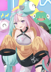 Rule 34 | 1girl, absurdres, bellibolt, blush, bow-shaped hair, breasts, collarbone, commentary request, creatures (company), eyelashes, game freak, green hair, grey pantyhose, highres, iono (pokemon), jacket, leaning forward, long hair, looking at viewer, medium breasts, mugi makura, multicolored hair, nintendo, open mouth, pantyhose, pink hair, pokemon, pokemon (creature), pokemon sv, purple eyes, single leg pantyhose, sleeves past fingers, sleeves past wrists, small breasts, smile, teeth, thigh strap, tongue, twintails, two-tone hair, upper teeth only, yellow jacket
