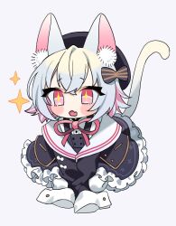 Rule 34 | + +, 1girl, animal ears, beret, black bow, black dress, black hat, black jacket, blush, bow, cat ears, cat girl, cat tail, chibi, colored inner hair, commentary request, dress, fang, frilled dress, frills, full body, grey background, grey hair, hair bow, hat, highres, jacket, long sleeves, looking at viewer, multicolored hair, neck ribbon, off shoulder, open mouth, pinafore dress, pink hair, pink ribbon, raised eyebrows, ribbon, sayo (voicevox), shirt, simple background, skin fang, sleeveless, sleeveless dress, sleeves past fingers, sleeves past wrists, solo, sparkle, striped bow, tail, tail raised, voicevox, white shirt, yoshino ns