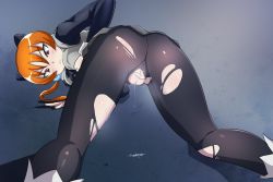 Rule 34 | 1girl, alisa southerncross, all fours, animal ears, artist request, ass, black pantyhose, blush, breasts, cat ears, cleft of venus, fake animal ears, female focus, from behind, hair bobbles, hair ornament, hairband, keroro gunsou, long hair, looking at viewer, looking back, orange hair, pantyhose, pussy, pussy juice, red eyes, shirt, solo, torn clothes, torn pantyhose, twintails, uncensored