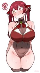 Rule 34 | 1girl, blush, breasts, cover, hair between eyes, heterochromia, highres, hololive, hololive fantasy, houshou marine, large breasts, leotard, leotard under clothes, lightsource, long hair, navel, nervous smile, red eyes, red hair, ribbon, skin tight, smile, solo, sweat, sweatdrop, thick thighs, thighs, twintails, very long hair, virtual youtuber, yellow eyes