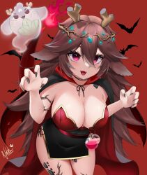Rule 34 | 1girl, :d, absurdres, bat (animal), black nails, breasts, brown hair, cleavage, commentary, cowboy shot, dated, dragon horns, english commentary, fangs, fingernails, fire, flask, flower, hair between eyes, hair flower, hair ornament, halloween costume, highres, horns, indie virtual youtuber, large breasts, leaning forward, long fingernails, long hair, looking at viewer, natch imaycz, open mouth, red background, red eyes, scales, signature, simple background, smile, solo, sugi aoki, virtual youtuber, wings