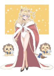 Rule 34 | 1girl, animal ears, blonde hair, blush, bow, brown fur, cape, closed eyes, closed mouth, crown, earrings, hand on own hip, high heels, highres, jewelry, kondou (acid), lion, lion ears, lion girl, lion tail, long hair, looking at another, looking at viewer, noripro, one-piece swimsuit, purple eyes, red cape, regrush lionheart, score, single earring, smile, swimsuit, tail, tail bow, tail ornament, virtual youtuber, white one-piece swimsuit