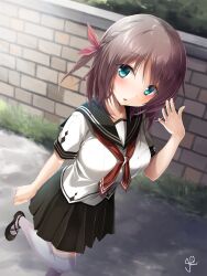 Rule 34 | 1girl, aoi tori (purple software), aqua eyes, arm at side, black footwear, black sailor collar, black skirt, blush, braid, breasts, brick wall, brown hair, chaamii, clenched hand, commentary request, day, eyelashes, eyes visible through hair, foot out of frame, foreshortening, hair between eyes, hair ribbon, hand up, highres, large breasts, looking at viewer, mary janes, medium hair, miniskirt, neckerchief, open hand, outdoors, parted lips, pleated skirt, red neckerchief, red ribbon, ribbon, road, sailor collar, school uniform, serafuku, shirt, shoes, short sleeves, side braid, signature, skirt, solo, standing, standing on one leg, thighhighs, umino akari, white shirt, white thighhighs, zettai ryouiki