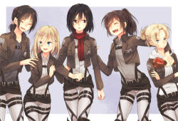 5girls akamaki annie_leonhart arm_around_neck black_eyes black_hair blonde_hair blue_eyes border brown_hair closed_eyes commentary_request cowboy_shot crossed_arms food hair_between_eyes hair_bun hand_on_another&#039;s_back hand_on_another&#039;s_shoulder holding holding_food hood hoodie jacket krista_lenz long_hair looking_at_another looking_to_the_side low_ponytail meat mikasa_ackerman multiple_girls open_mouth paradis_military_uniform parted_bangs ponytail red_scarf sasha_blouse scarf shingeki_no_kyojin short_hair smile thigh_gap training_corps_(emblem) white_border white_hoodie ymir_(shingeki_no_kyojin)