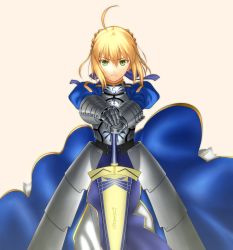 Rule 34 | 1girl, af 1201, ahoge, armor, armored dress, artoria pendragon (all), artoria pendragon (fate), blue dress, dress, fate/stay night, fate (series), gauntlets, green eyes, hair between eyes, highres, holding, holding sword, holding weapon, saber (fate), short hair, simple background, solo, sword, weapon, white background