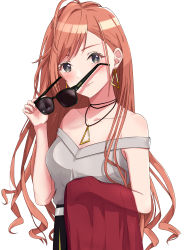Rule 34 | 1girl, absurdres, arisugawa natsuha, bare shoulders, black eyes, black skirt, blush, collarbone, curly hair, earrings, highres, holding, holding clothes, holding jacket, huang jus, idolmaster, idolmaster shiny colors, jacket, jewelry, long hair, looking at viewer, necklace, off-shoulder shirt, off shoulder, red hair, red jacket, removing eyewear, shirt, simple background, skirt, sleeveless, sleeveless shirt, smile, solo, sunglasses, white background, white shirt